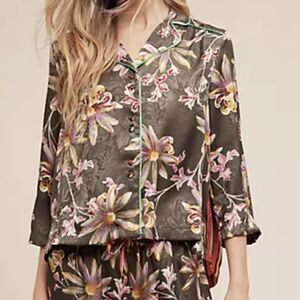 Anthropologie Floral Satin Button-Up Top